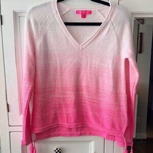 Lilly Pulitzer Jody V-Neck Sweater Havana Pink Marbled Ombre Tassels SMALL VEUC